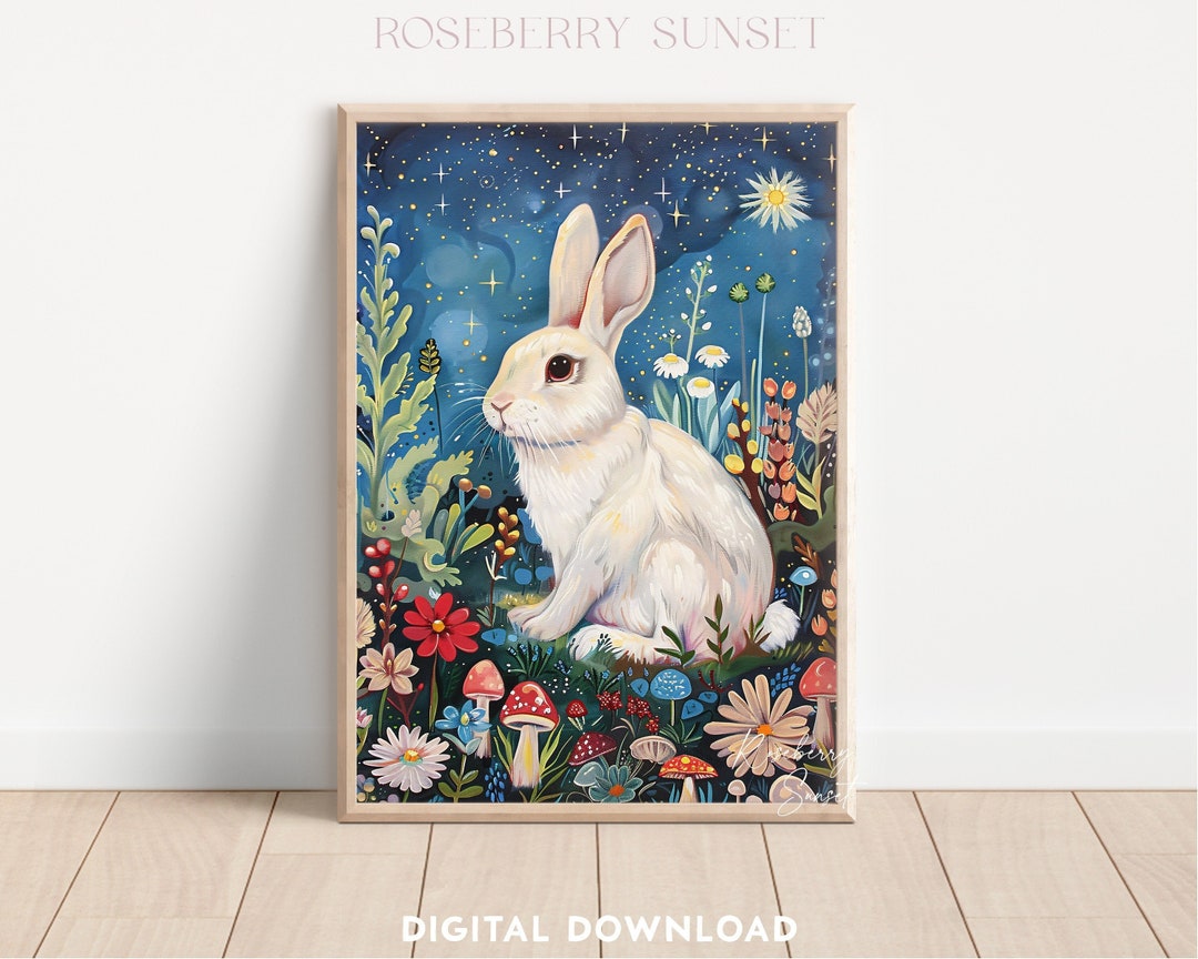 Midnight Rabbits Midnight Summer Rabbit Art Print: Floral Easter Bunny Enchanted Forest ...