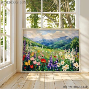 Spring Summer Mountain Wildflower Painting Art Print | Spring Bright Floral Mountain Wildflower Landscape Printable Art JPG Digital Download