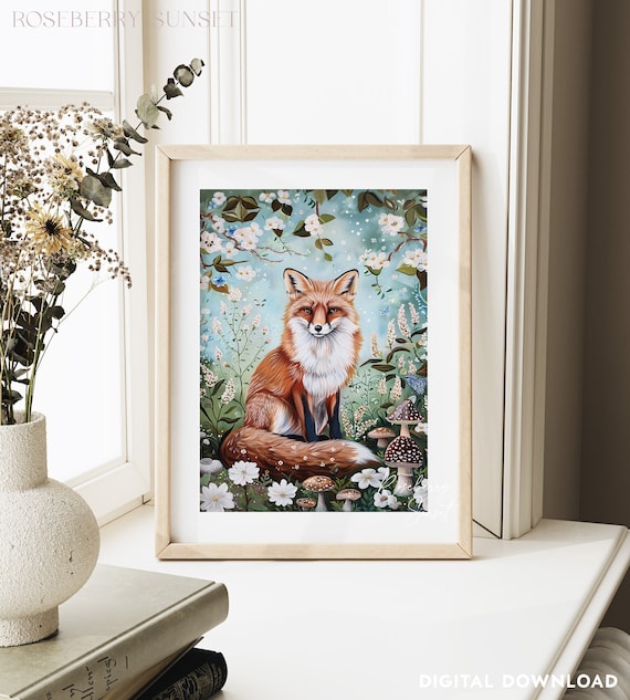 Woodland Fox Wildflower Art Print: Floral Woodland Animal