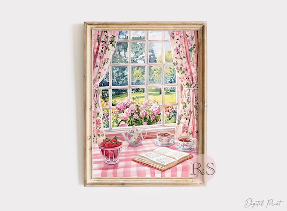 Pink Girly English Cottage Art Print: Cottagecore Dining Room Reading Corner Watercolor (Digital Download)