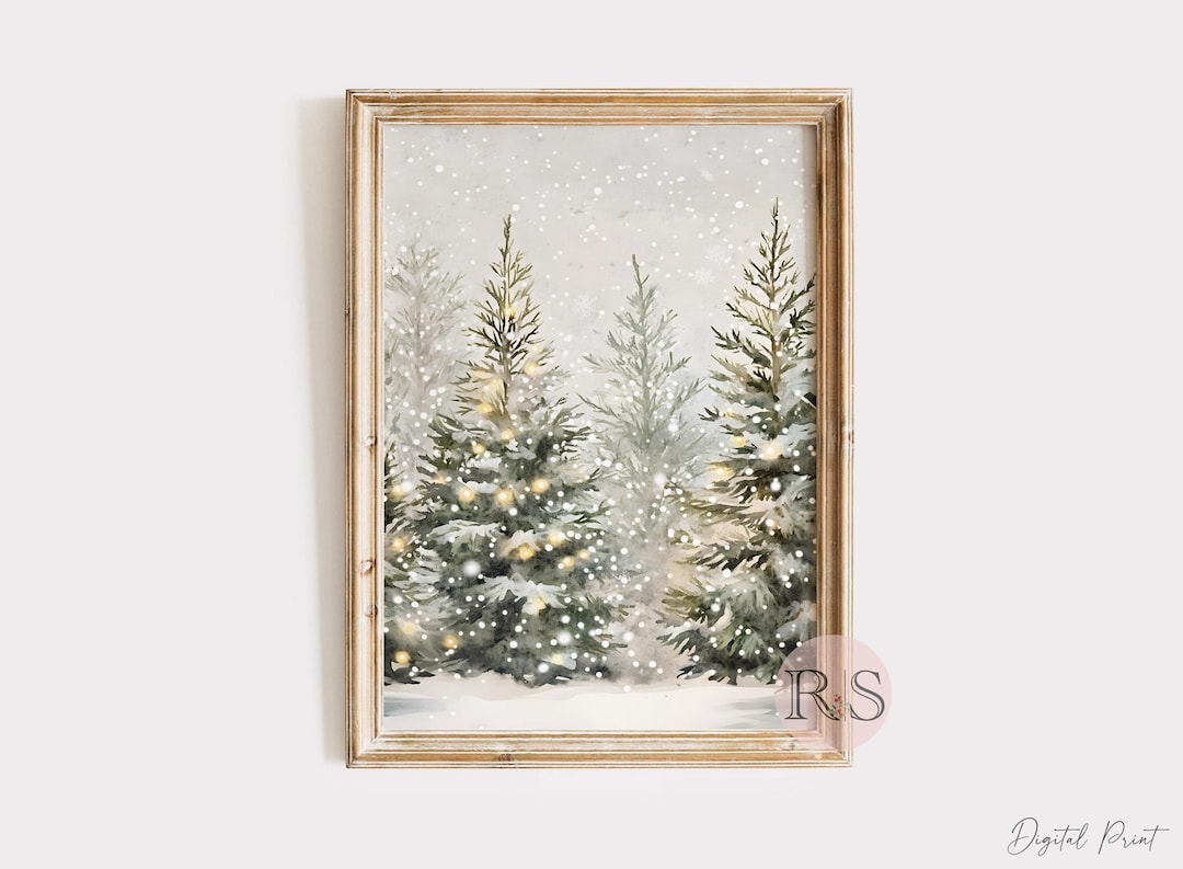 Snowy Pine Trees Landscape Art Print: Christmas Winter Forest ...