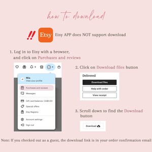 May include: A pink graphic with instructions on how to download files from Etsy. The text includes steps to log in, find the "Purchases and reviews" section, and click the "Download files" button. The Etsy logo is also visible.