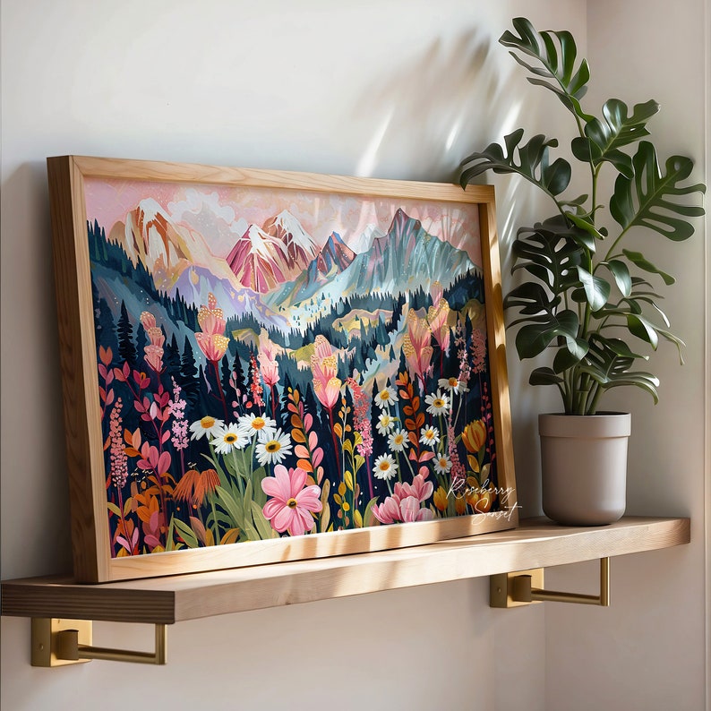 Colorful Wildflower Landscape Art Print: Bright Mountain Spring Floral ...