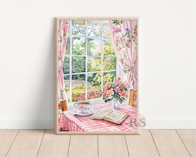 English Cottage Reading Corner Watercolor Art Print | Pink Girly Cottage Spring Cottagecore Garden Lover Printable Art
