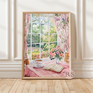English Cottage Reading Corner Watercolor Art Print | Pink Girly Cottage Spring Cottagecore Garden Lover Printable Art