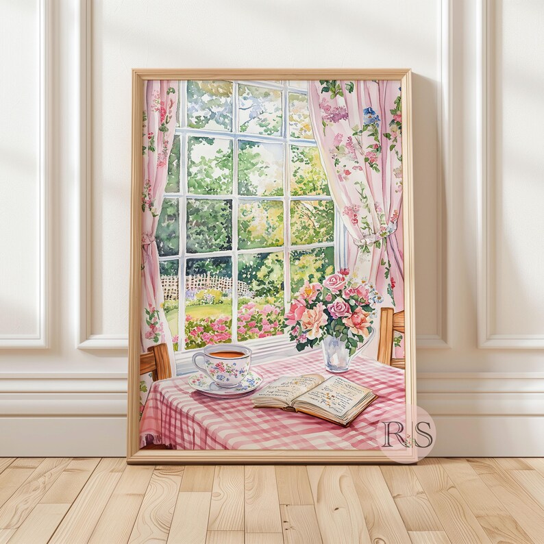 English Cottage Reading Corner Watercolor Art Print | Pink Girly Cottage Spring Cottagecore Garden Lover Printable Art