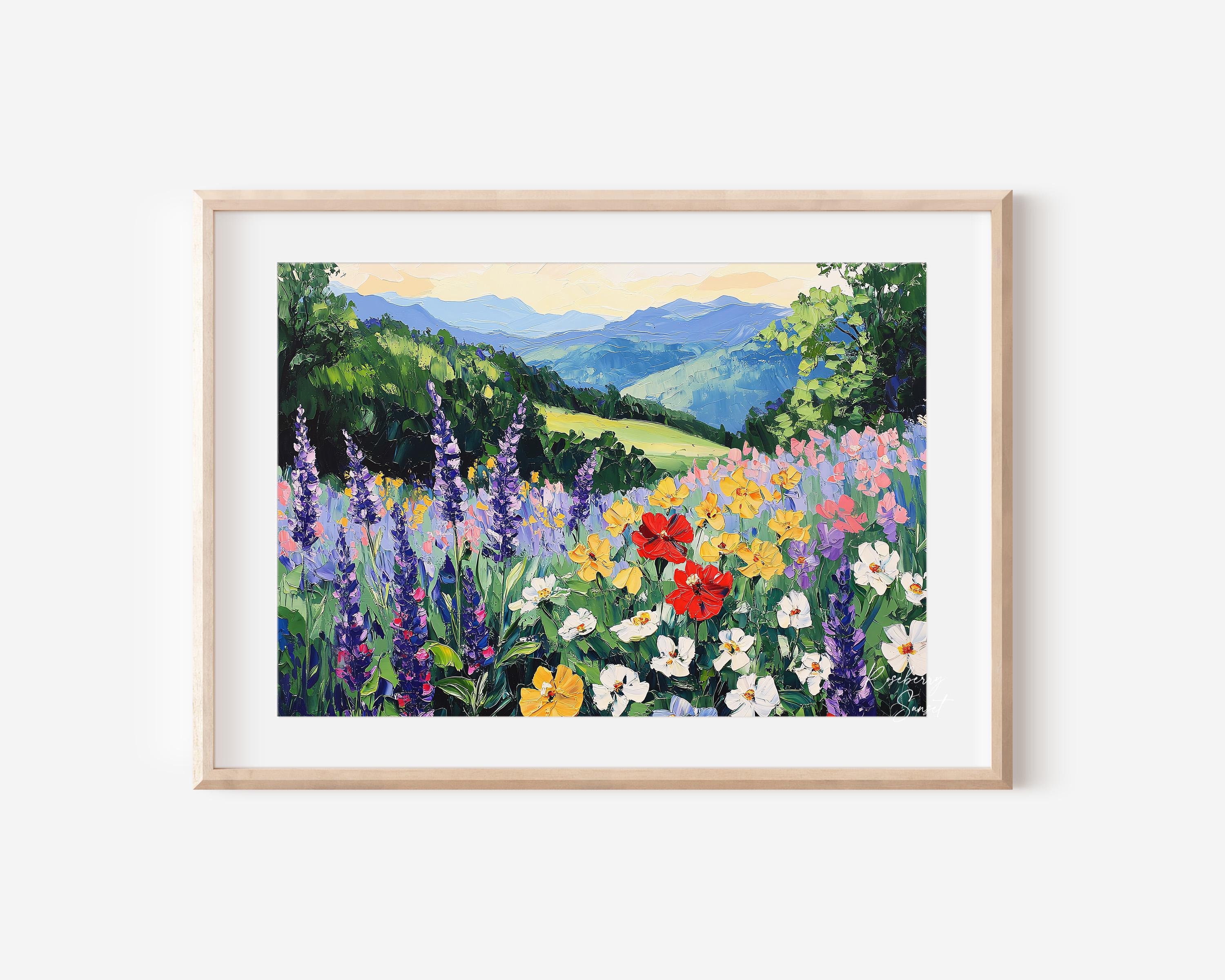 Spring Summer Mountain Wildflower Painting Art Print | Spring Bright Floral Mountain Wildflower Landscape Printable Art JPG Digital Download