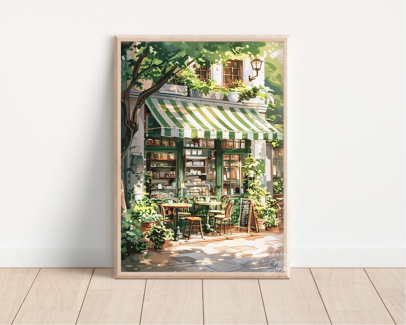Vintage Coffee Shop French Cafe Painting Art Print | Cozy Coffee Shop Spring Corner Shop Coffee Poster Printable Art