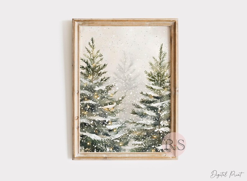 Snowy Pine Tree Art Print: Christmas Winter Forest Landscape Watercolor ...