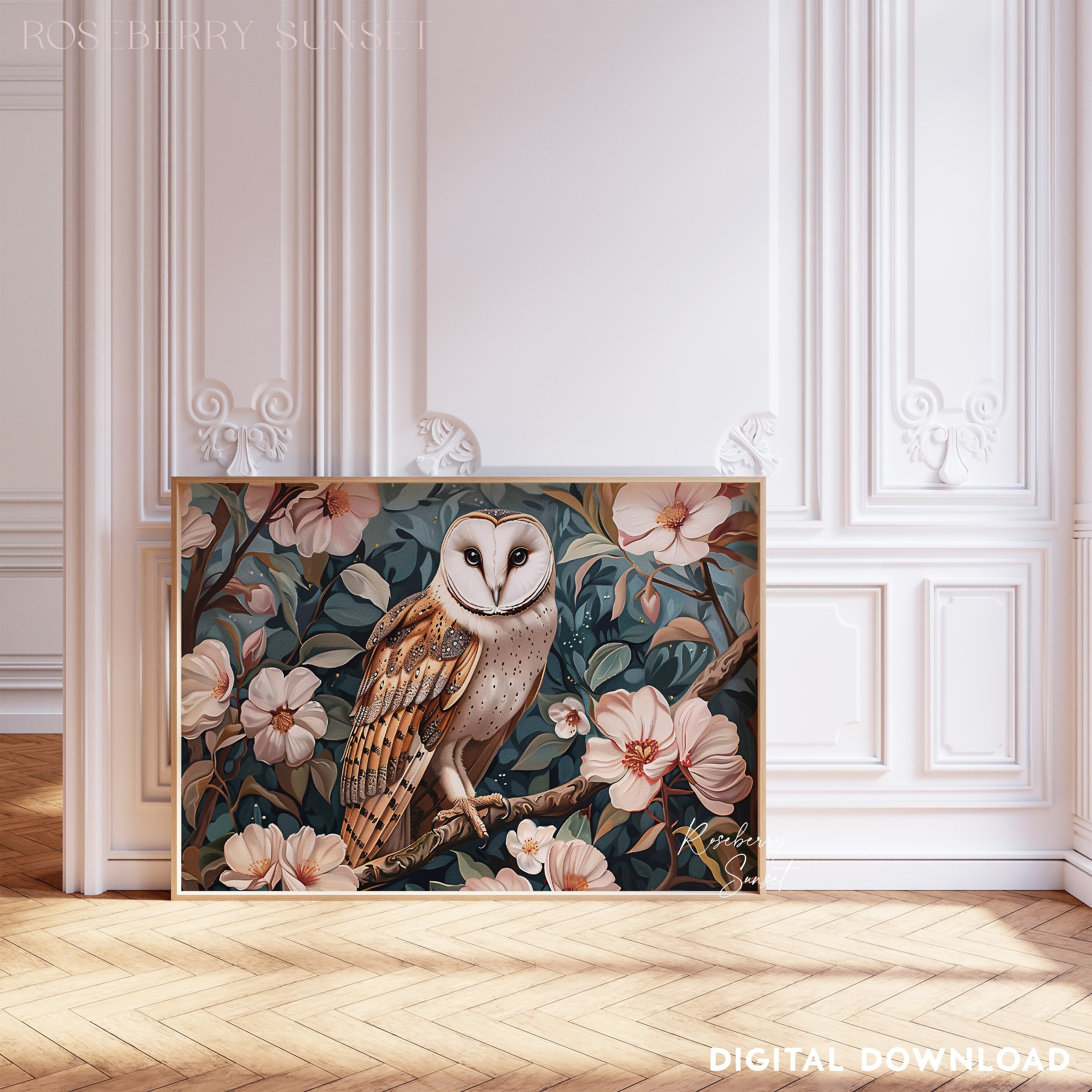 Pink Floral Woodland Owl Art Print: Woodland Animal Enchanted Forest Painting (Digital Download)