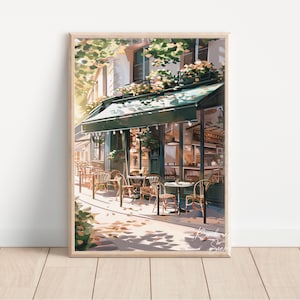 Vintage Coffee Shop French Cafe Painting Art Print | Cozy Coffee Shop Spring Corner Shop Coffee Poster