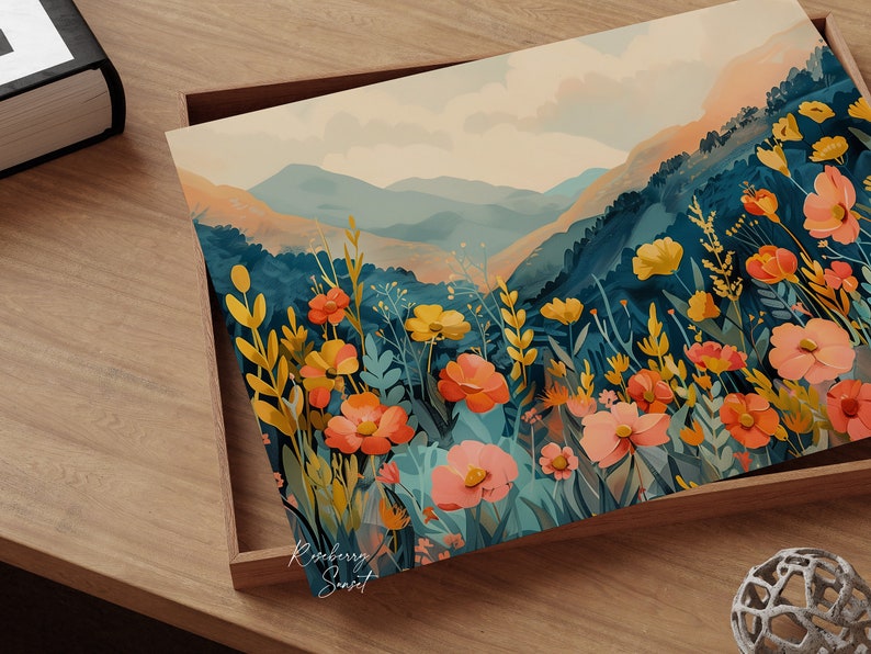 Wildflower Mountain Landscape Art Print: Sunset Tones Spring Floral ...