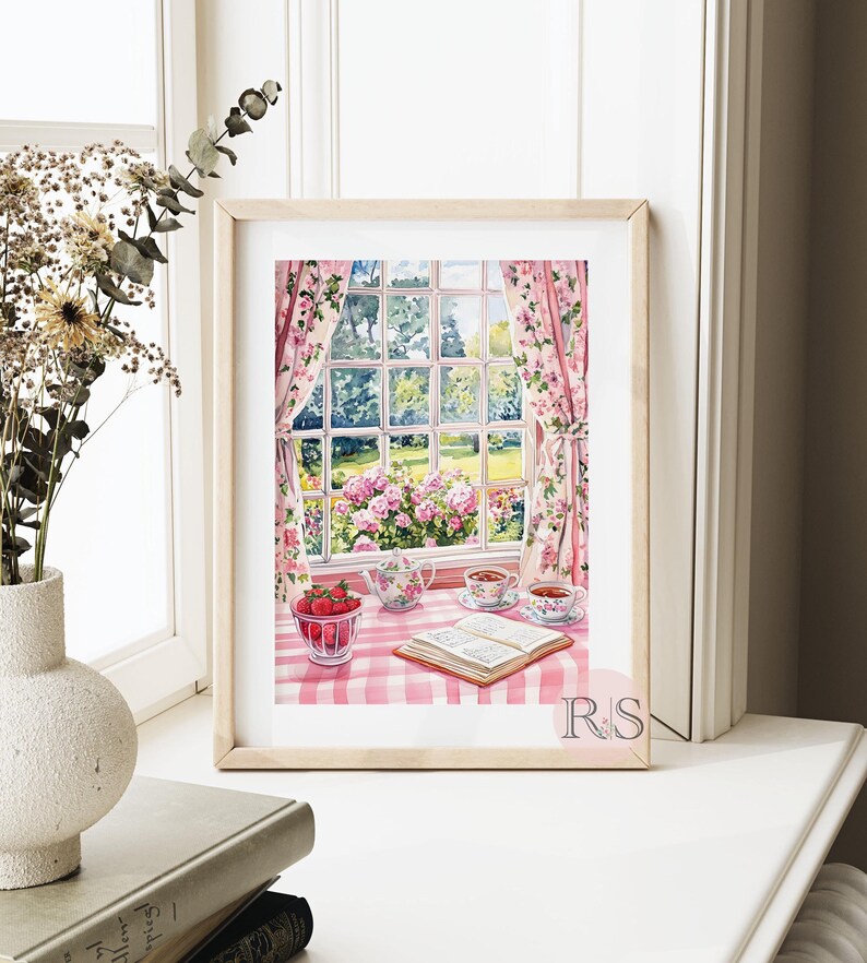 English Cottage Reading Corner Watercolor Art Print | Pink Girly Cottage Spring Cottagecore Garden Lover Printable Art