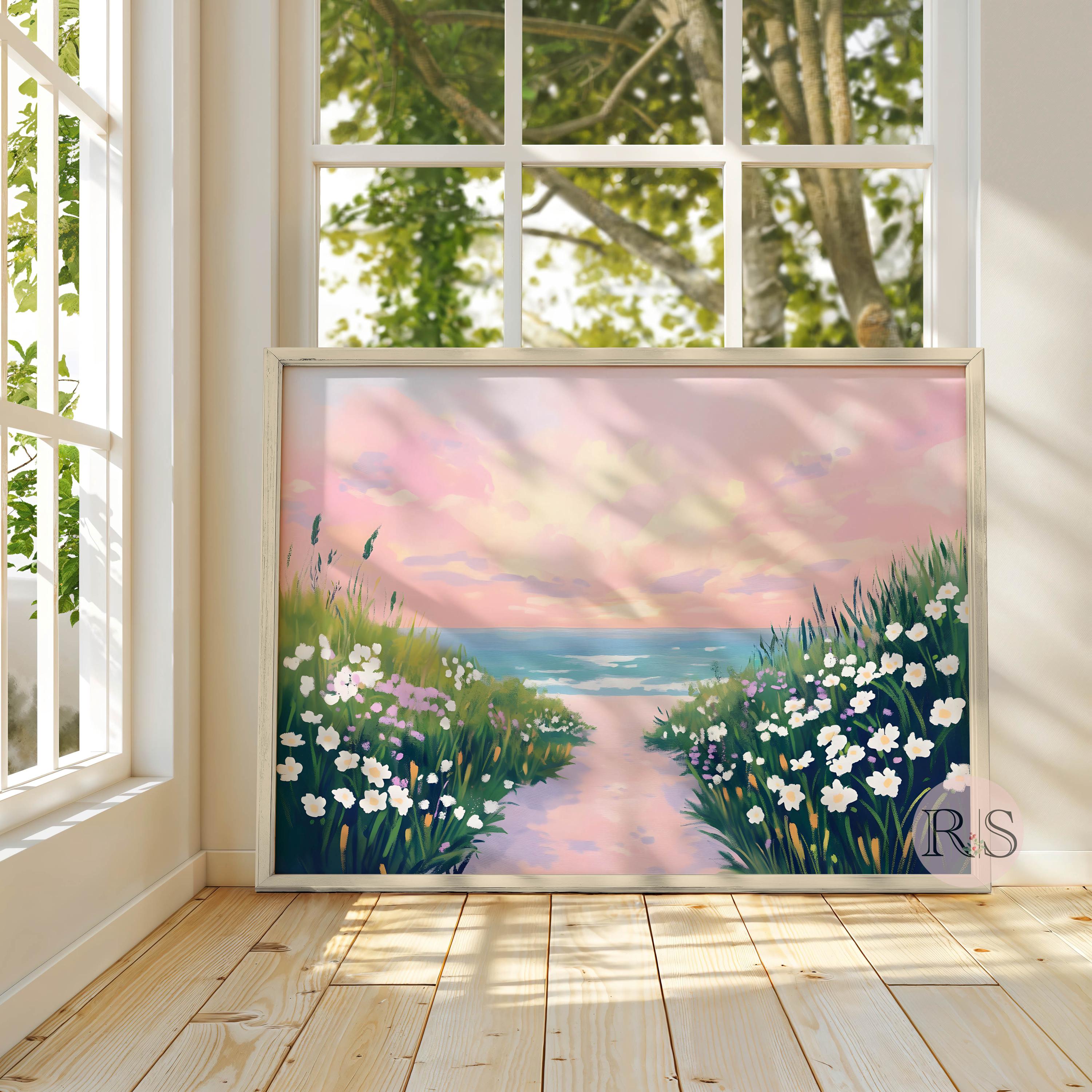 Pink Coastal Landscape Art Print: Pink Sky Beach Spring Wildflower ...