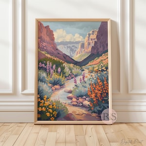 Summer Blooms Mountain River Floral Landscape Art Print | Rocky Mountain Wildflower Muted Toned Landscape Printable Art