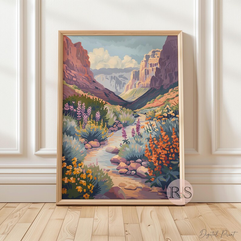 Summer Blooms Mountain River Floral Landscape Art Print | Rocky Mountain Wildflower Muted Toned Landscape Printable Art
