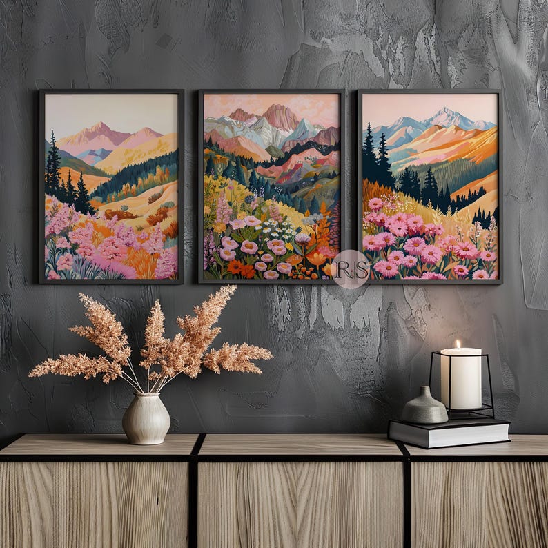 Mountain Spring Wildflower Art Print Set: Colorful Floral Landscape ...