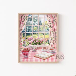 English Cottage Reading Corner Watercolor Art Print | Pink Girly Cottage Spring Cottagecore Garden Lover Printable Art