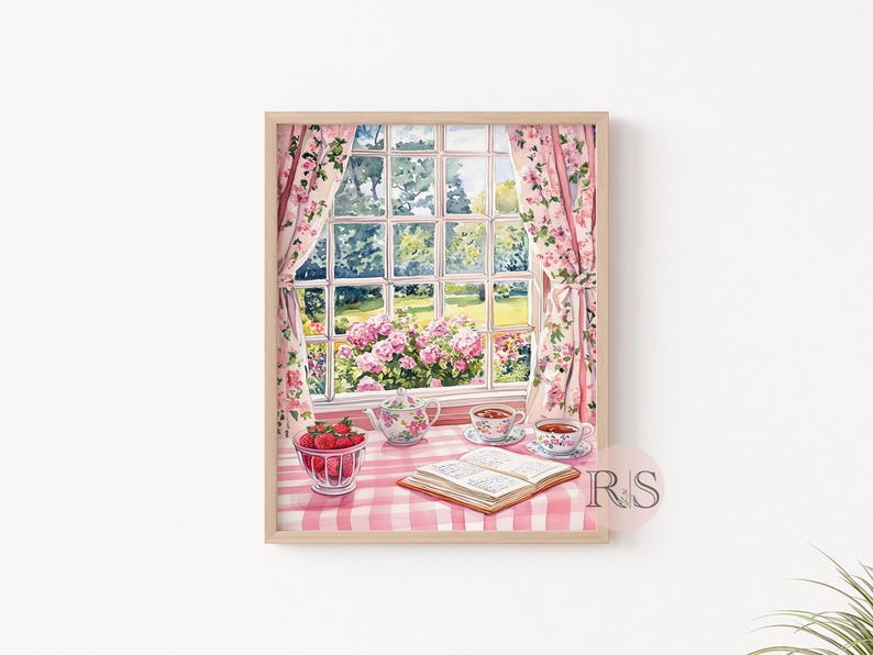 English Cottage Reading Corner Watercolor Art Print | Pink Girly Cottage Spring Cottagecore Garden Lover Printable Art