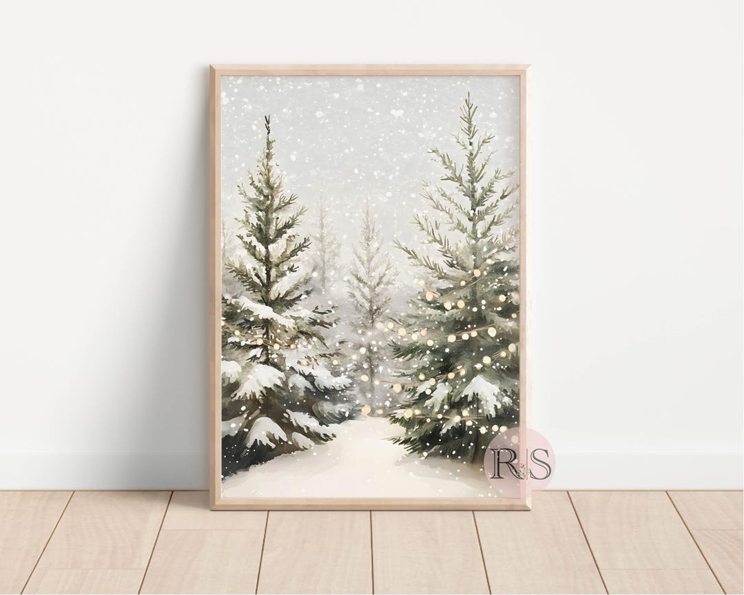 Snowy Pine Forest Art Print: Winter Christmas Pine Tree Landscape ...