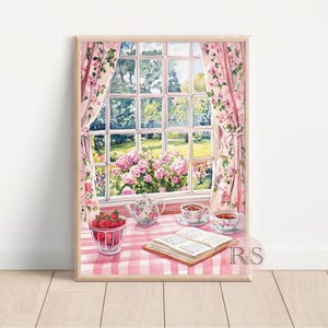 English Cottage Reading Corner Watercolor Art Print | Pink Girly Cottage Spring Cottagecore Garden Lover Printable Art