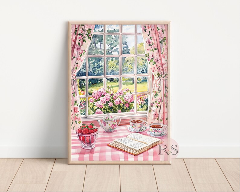 English Cottage Reading Corner Watercolor Art Print | Pink Girly Cottage Spring Cottagecore Garden Lover Printable Art