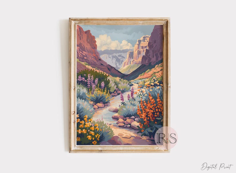 Summer Blooms Mountain River Floral Landscape Art Print | Rocky Mountain Wildflower Muted Toned Landscape Printable Art