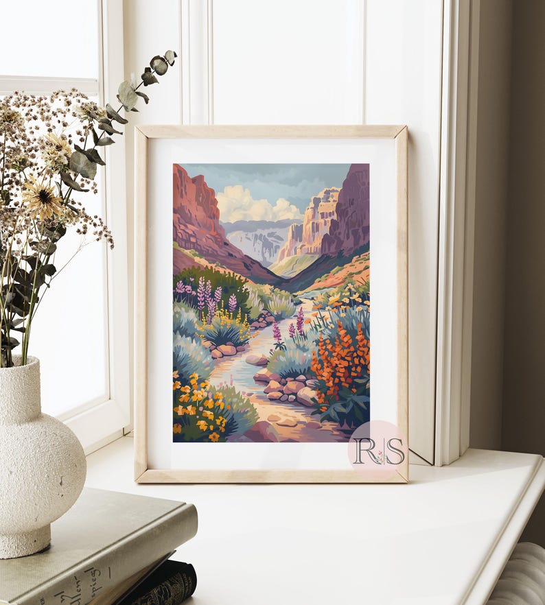Summer Blooms Mountain River Floral Landscape Art Print | Rocky Mountain Wildflower Muted Toned Landscape Printable Art
