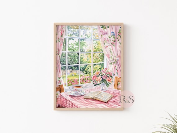 Pink Girly English Cottage Art Print: Garden Cottagecore Reading Corner Watercolor (Digital Download)