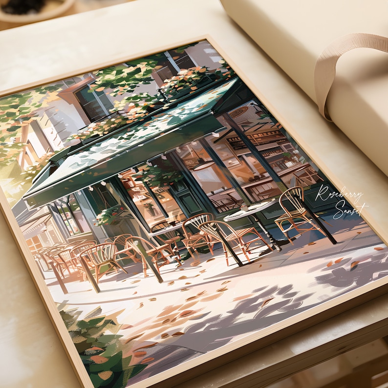 Vintage Coffee Shop French Cafe Painting Art Print | Cozy Coffee Shop Spring Corner Shop Coffee Poster