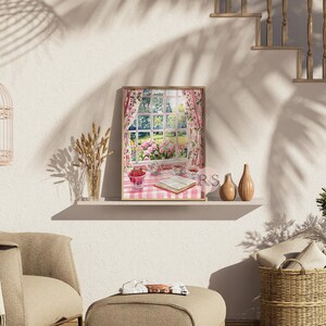 English Cottage Reading Corner Watercolor Art Print | Pink Girly Cottage Spring Cottagecore Garden Lover Printable Art