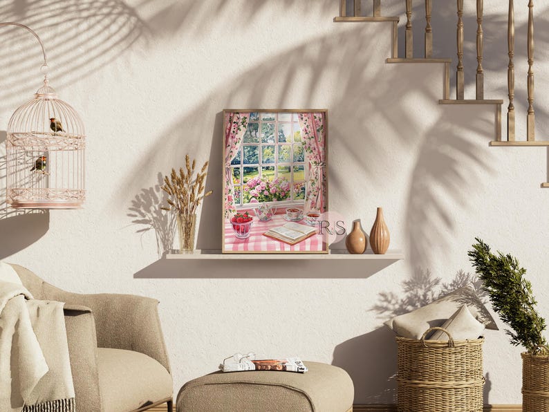 English Cottage Reading Corner Watercolor Art Print | Pink Girly Cottage Spring Cottagecore Garden Lover Printable Art