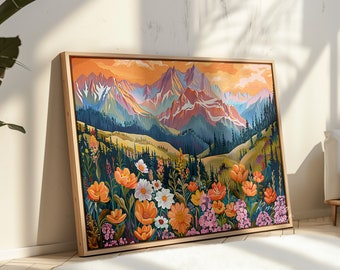 May include: A digital download of a painting depicting a mountain range with a sunset sky. The foreground features a field of colourful wildflowers in shades of orange, yellow, pink, and white.