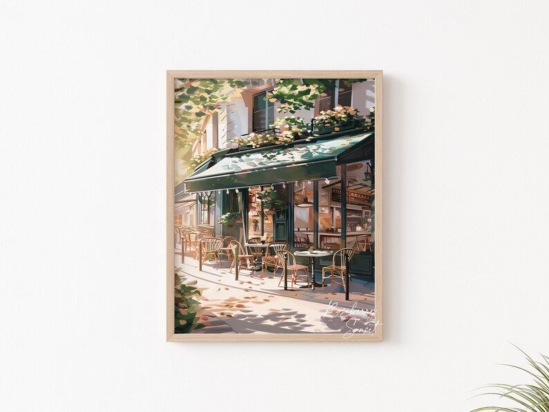 Vintage Coffee Shop French Cafe Painting Art Print | Cozy Coffee Shop Spring Corner Shop Coffee Poster