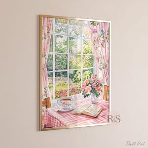 English Cottage Reading Corner Watercolor Art Print | Pink Girly Cottage Spring Cottagecore Garden Lover Printable Art