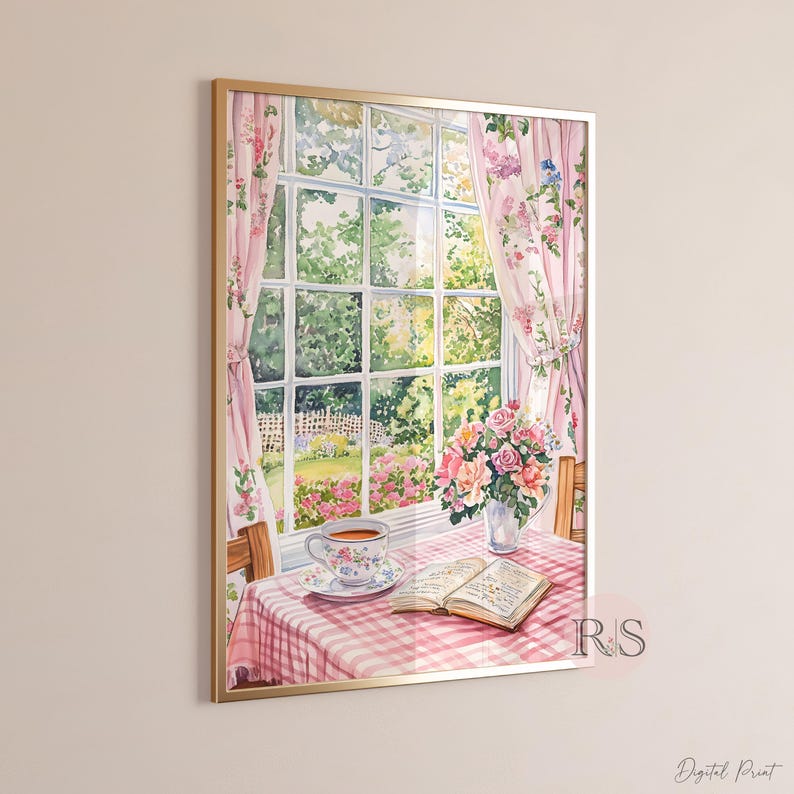 English Cottage Reading Corner Watercolor Art Print | Pink Girly Cottage Spring Cottagecore Garden Lover Printable Art
