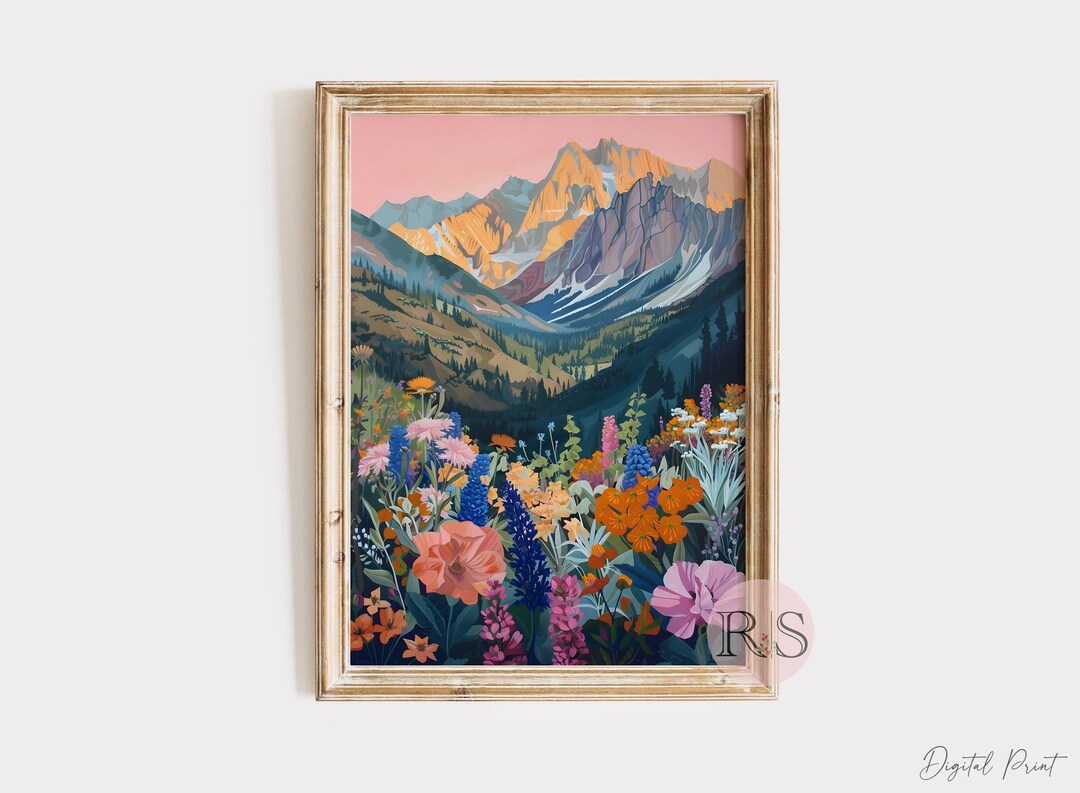 Summer Wildflower Mountain Art Print: Colorful Landscape Bright Floral ...