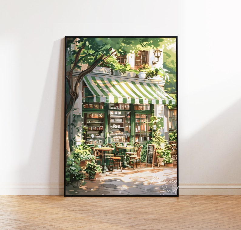Vintage Coffee Shop French Cafe Painting Art Print | Cozy Coffee Shop Spring Corner Shop Coffee Poster Printable Art