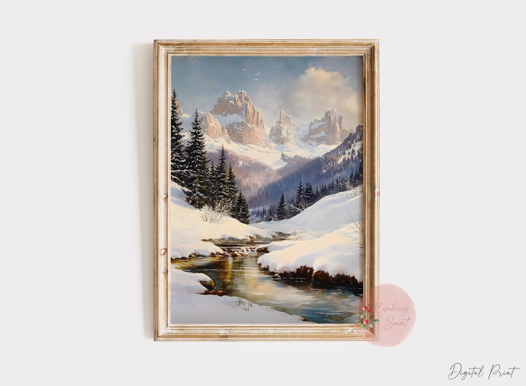 Winter Pine Trees Mountain River Snow Landscape Painting Art Print ...