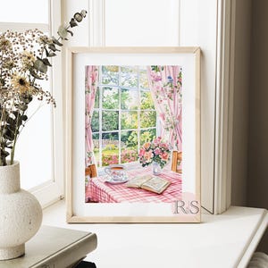 English Cottage Reading Corner Watercolor Art Print | Pink Girly Cottage Spring Cottagecore Garden Lover Printable Art