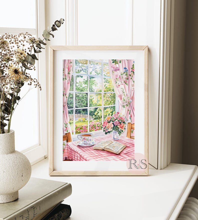 English Cottage Reading Corner Watercolor Art Print | Pink Girly Cottage Spring Cottagecore Garden Lover Printable Art