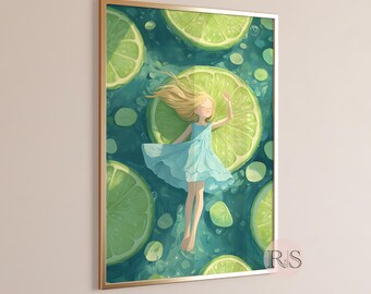 Girl & Lime Slices Art Print: Tropical Lime Fruit Summer Pool
