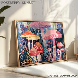 Rosa Pilz verzauberter Wald Malerei Kunstdruck | Botanische Pilz Poster Magischer Pilz Wald druckbare Kunst JPG Digital Download