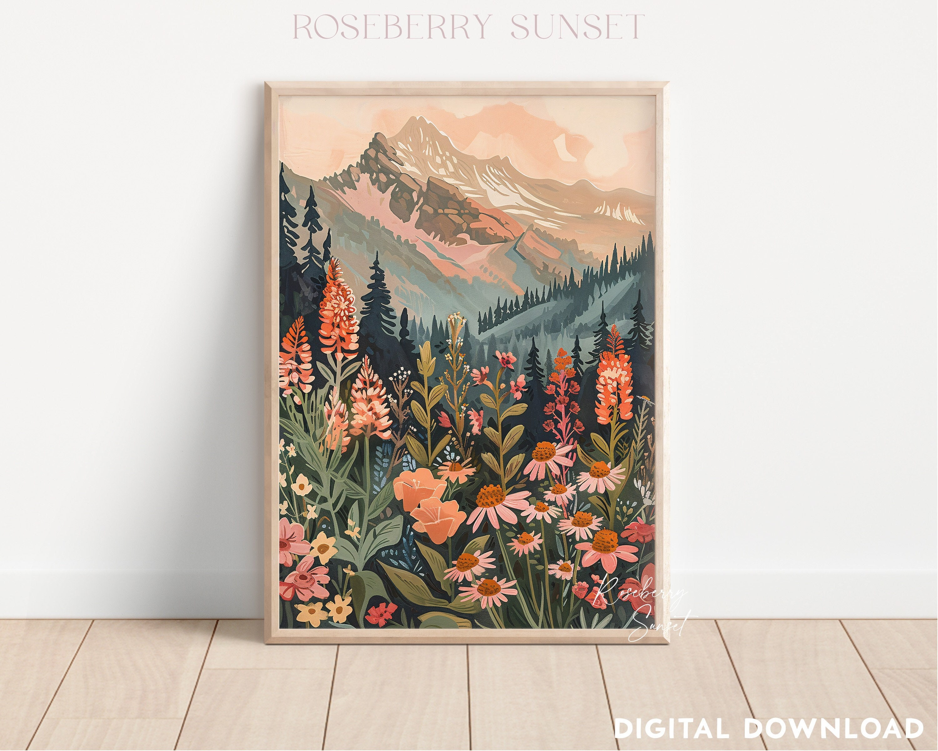 山の野花の風景画アートプリント：夕焼けのトーン、オレンジ、ピンクの