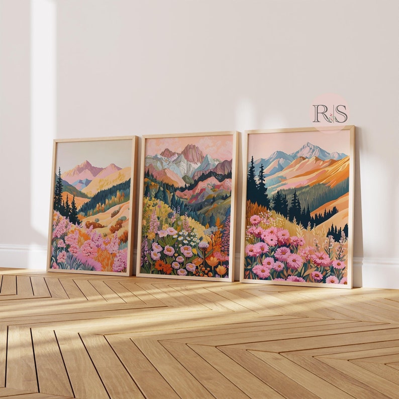 Mountain Spring Wildflower Art Print Set: Colorful Floral Landscape ...