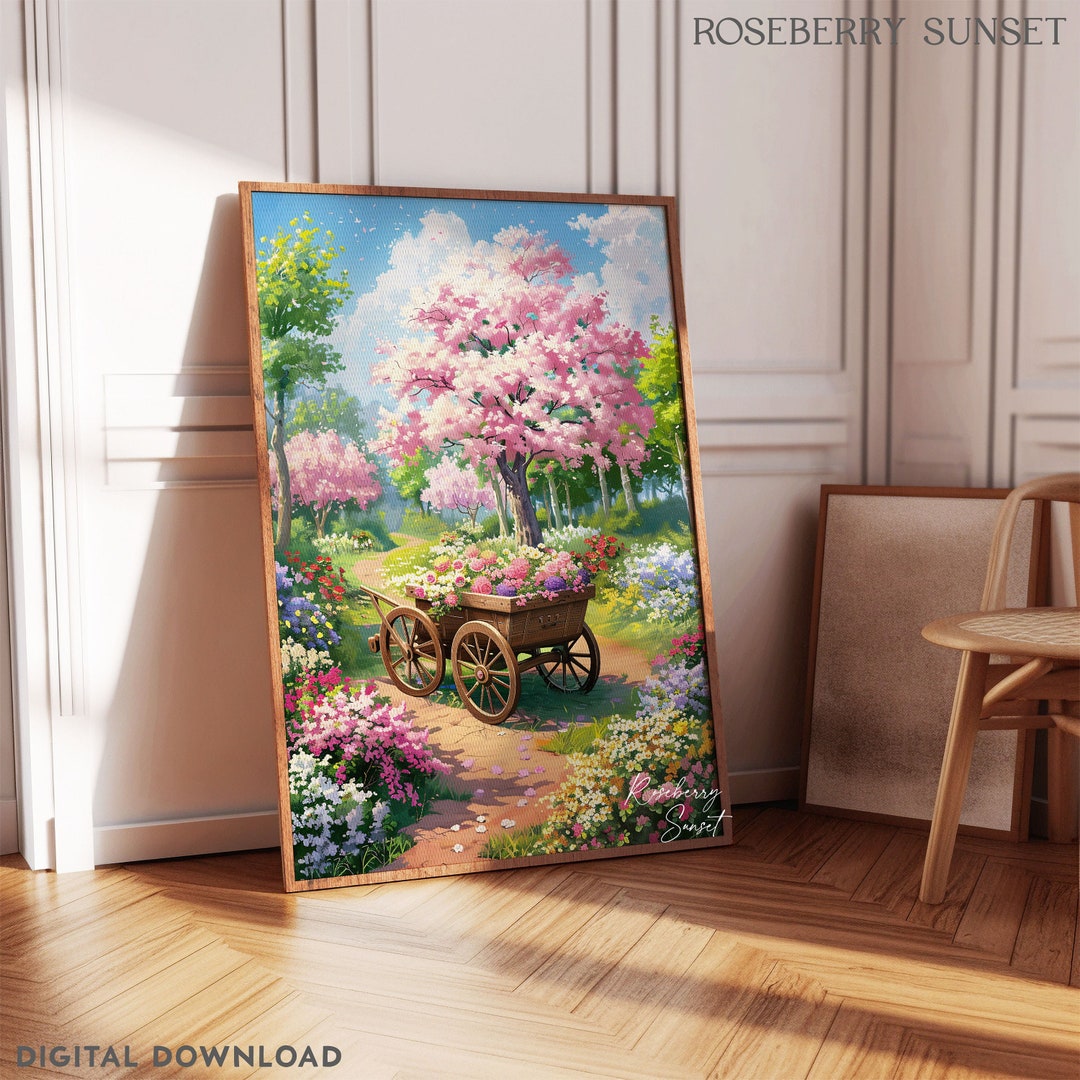 Spring Flower Garden Landscape Painting Art Print Colorful Flower Wagon ...
