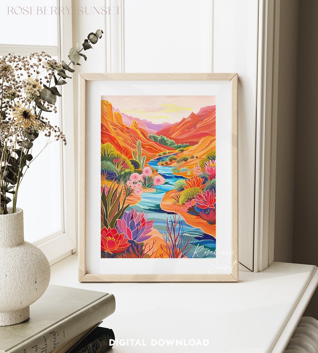 Western Desert River Art Print: Colorful Wild West Botanical Desert ...