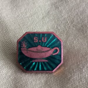 Puede incluir: Un pin octogonal verde y rosa con una lámpara de aceite estilizada y las letras "S.U." en el centro.