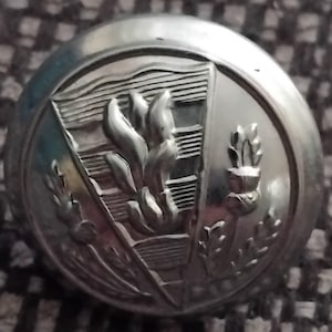 Puede incluir: Un botón de metal plateado con un diseño en relieve de una flor estilizada y espigas de trigo. El botón es circular y tiene una superficie lisa y brillante.