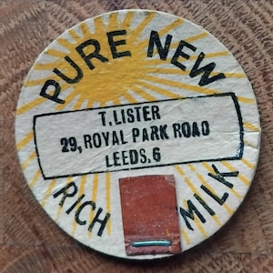 Vintage 1950 milk bottle top. Advertising.Pop art style.